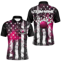 Maxcorners Pink Lightning US Flag Custom Bowling Team Jerseys, Patriotic Bowling Polo Shirt For Men MT2009