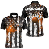 Maxcorners Orange Lightning US Flag Custom Bowling Team Jerseys, Patriotic Bowling Polo Shirt For Men MT2009
