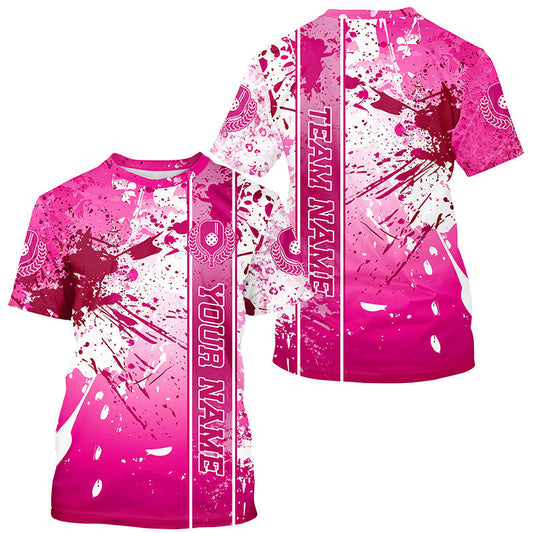 Maxcorners Pink And White Splatter Custom Pickleball Polo Shirts For Men, Pickleball Team Uniform