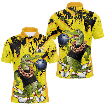 Maxcorners Custom Funny Alligator Bowling Polo Shirt For Men, Grunge Yellow Bowling Team Jerseys LM1903