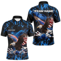 Maxcorners Custom Blue Flame US Eagle Bowling Men Polo Shirts, American Patriotic Bowling League Shirt LM233