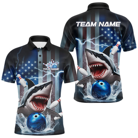 Maxcorners Custom American Flag Shark Bowling Men Polo Shirt, Patriotic Shark Bowling Jerseys LM233