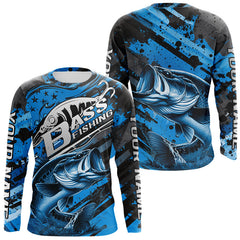 Maxcorners Custom Name Blue Camo Bass Fishing Jerseys, Largemouth Bass Long Sleeve Fishing Shirt LM0607