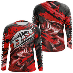 Maxcorners Custom Name Red Camo Bass Fishing Jerseys, Largemouth Bass Long Sleeve Fishing Shirt LM0607