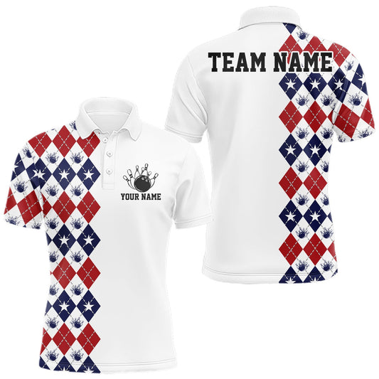 Maxcorners Custom Patriotic Argyle Pattern Bowling Team Men Polo Shirt, Retro Bowling Shirt