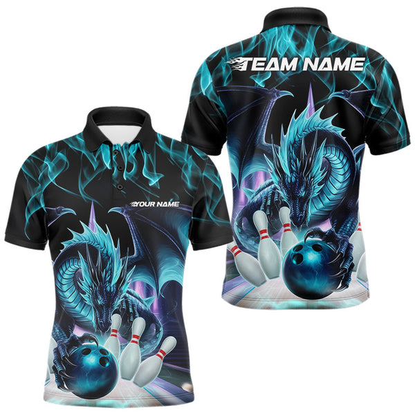Maxcorners Custom Blue Flame Dragon Bowling Polo Shirts For Men, Dragon Bowling Team Jerseys  LM233