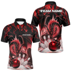 Maxcorners Custom Red Flame Dragon Bowling Polo Shirts For Men, Dragon Bowling Team Jerseys LM233