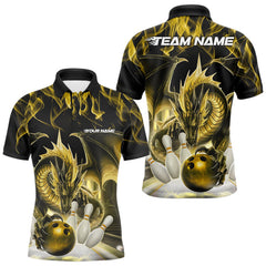 Maxcorners Custom Yellow Flame Dragon Bowling Polo Shirts For Men, Dragon Bowling Team Jerseys LM233