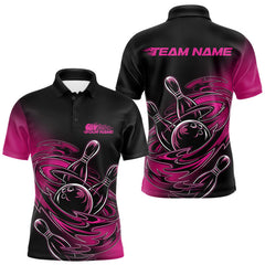 Maxcorners Custom Black And Pink Flame Bowling Polo Shirts For Men, Team Bowling League Shirt LM2608