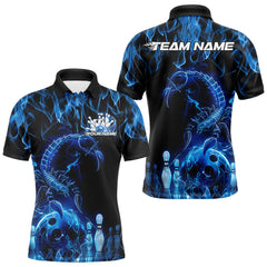 Maxcorners Custom Black And Blue Flame Scorpio Zodiac Bowling Men Polo Shirts, Scorpion Bowler Outfit LM243