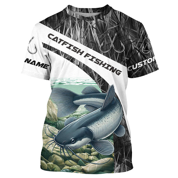 Maxcorners Gray Camo Custom Catfish Fishing Long Sleeve Fishing Shirts, Catfish Fishing Jerseys MT2108