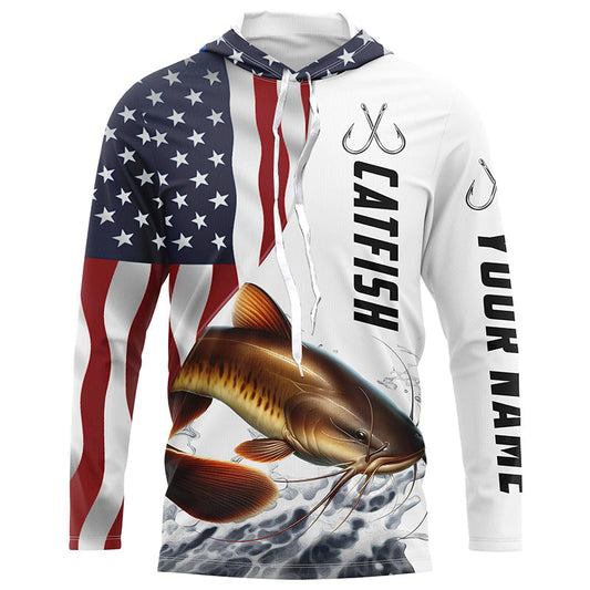 Maxcorners Catfish Fishing Custom Long Sleeve Fishing Shirts, American Flag Patriotic Catfish Fishing Shirt LM0501
