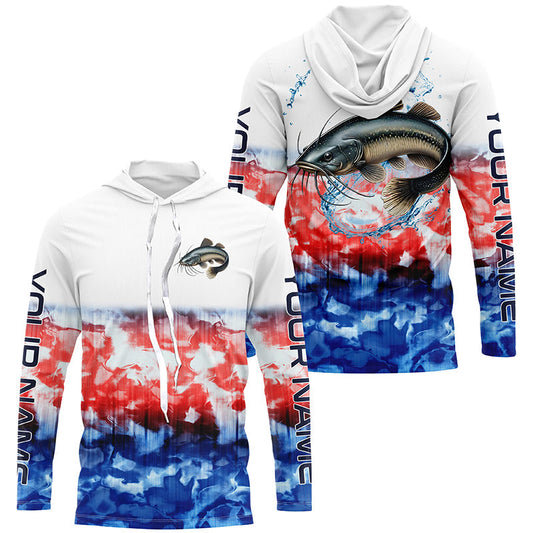 Maxcorners Red White And Blue Tie Dye Background Custom Patriotic Catfish Long Sleeve Fishing Shirts LM0201