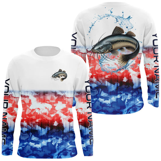 Maxcorners Red White And Blue Tie Dye Background Custom Patriotic Catfish Long Sleeve Fishing Shirts LM0201