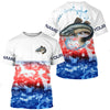Maxcorners Red White And Blue Tie Dye Background Custom Patriotic Catfish Long Sleeve Fishing Shirts LM0201