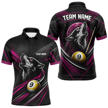 Maxcorners Custom Black And Pink Wolf 9 Ball Billiards Men Polo Shirt, Billiards Team Jersey LM2607