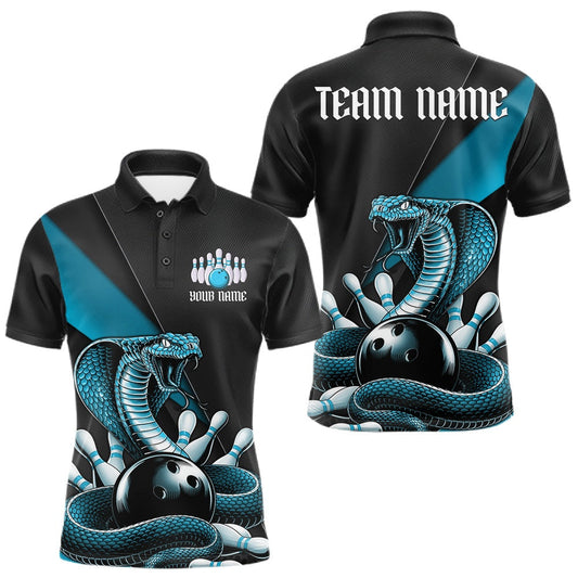 Maxcorners Custom Black And Blue Cobra Snake Bowling Team Jerseys, Men Bowling Polo Shirts LM1104