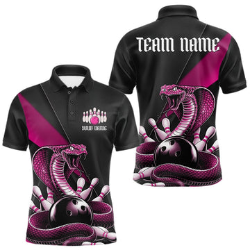 Maxcorners Custom Black And Pink Cobra Snake Bowling Team Jerseys, Men Bowling Polo Shirts LM1104