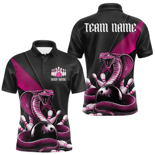 Maxcorners Custom Black And Pink Cobra Snake Bowling Team Jerseys, Men Bowling Polo Shirts LM1104
