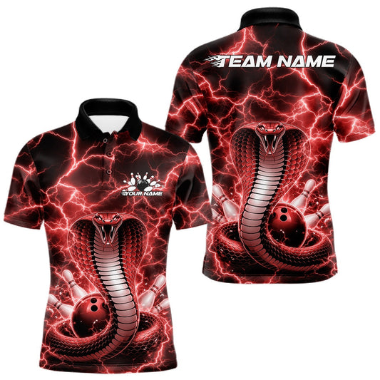 Maxcorners Custom Red Thunder Lightning Cobra Snake Bowling Team Men Polo Shirt, Bowling Jersey LM1104