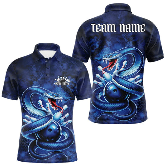 Maxcorners Custom Blue Snake Bowling Men Polo Shirt, Bowling Team Tournament Jerseys LM1104