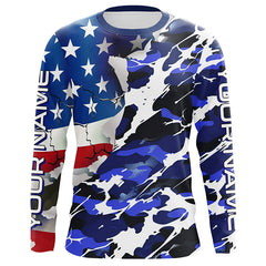 Maxcorners Custom American Flag Blue Camo Long Sleeve Shirts, Patriotic Performance Fishing Shirts LM2408