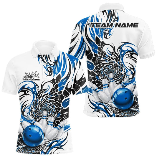 Maxcorners Custom Blue Tribal Flame Bowling Men Polo Shirt, Polygonal Bowling Jerseys LM2704