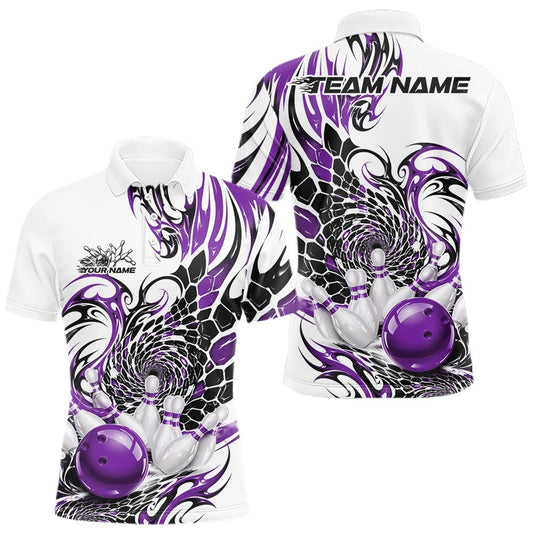 Maxcorners Custom Purple Tribal Flame Bowling Men Polo Shirt, Polygonal Bowling Jerseys LM2704