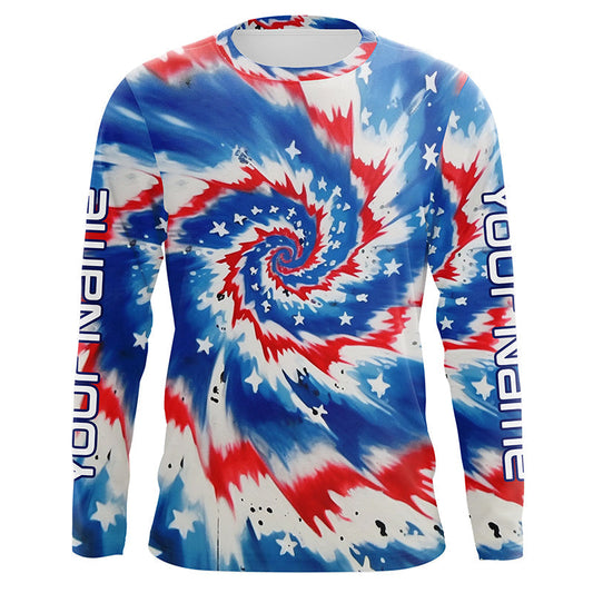 Maxcorners American Flag Tie Dye Custom Long Sleeve Performance Fishing Shirts, Patriotic Fishing Jerseys LM0201