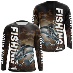 Maxcorners Brown Camouflage Fish Hook Custom Catfish  Long Sleeve Tournament Fishing Shirts LM0607