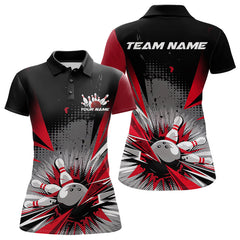 Maxcorners Custom Black And Red Grunge Bowling Ball And Pins Explosion Team Polo Shirts For Men LM2707