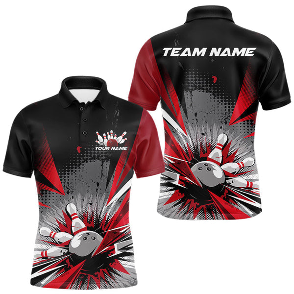 Maxcorners Custom Black And Red Grunge Bowling Ball And Pins Explosion Team Polo Shirts For Men LM2707