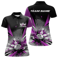 Maxcorners Custom Black And Purple Grunge Bowling Ball And Pins Explosion Team Polo Shirts For Men LM2707