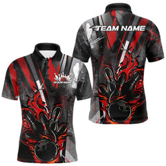 Maxcorners Custom Grunge Black And Red Fire Flame Bowling Polo Shirts For Men, Bowling Team Uniform LM2707