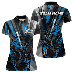 Maxcorners Custom Grunge Black And Blue Fire Flame Bowling Polo Shirts For Men, Bowling Team Uniform LM2707