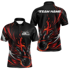 Maxcorners Custom Black And Red Fire Flame Bowling Men Jerseys, Bowling League Polo Shirt LM2512