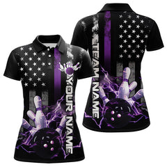 Maxcorners Custom Black And Purple Thin Line American Flag Patriotic Us Bowling Team Polo Shirts For Men