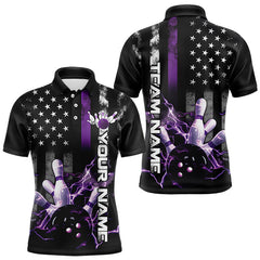 Maxcorners Custom Black And Purple Thin Line American Flag Patriotic Us Bowling Team Polo Shirts For Men