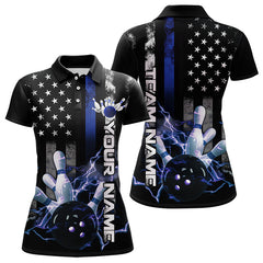 Maxcorners Custom Black And Blue Thin Line American Flag Patriotic Us Bowling Team Polo Shirts For Men