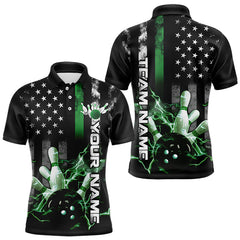 Maxcorners Custom Black And Green Thin Line American Flag Patriotic Us Bowling Team Polo Shirts For Men