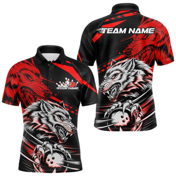 Maxcorners Custom Black And Red Wolf Bowling Men & Women Polo Shirts, Wolf Bowling League Shirt Team Uniform
