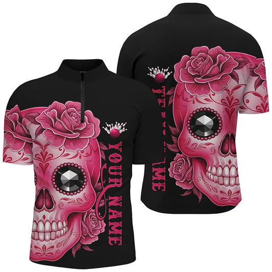 Maxcorners Pink Sugar Skull Tattoo Custom For Men Team Bowling Polo Shirts, Halloween Team Bowling Jerseys