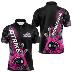 Maxcorners Custom Pink Flame Strike Bowling Team Polo Shirts For Men, Fire Bowling Jerseys LM2707
