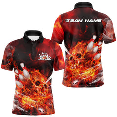Maxcorners Custom Fire Flame Skull Bowling Polo Shirts For Men, Halloween Bowling Outfits LM2707