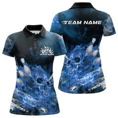 Maxcorners Custom Blue Fire Flame Skull Bowling Polo Shirts For Men, Halloween Bowling Outfits LM2707