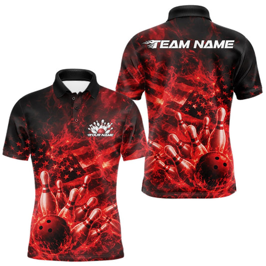 Maxcorners Custom Red Fire Patriotic Bowling Team Men Polo Shirt, American Flag Flame Bowling Jersey LM2603