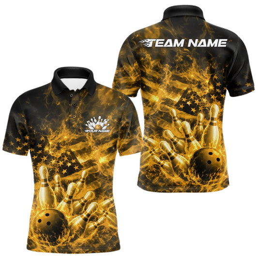 Maxcorners Custom Yellow Fire Patriotic Bowling Men Polo Shirt, American Flag Flame Bowling Jersey LM2603