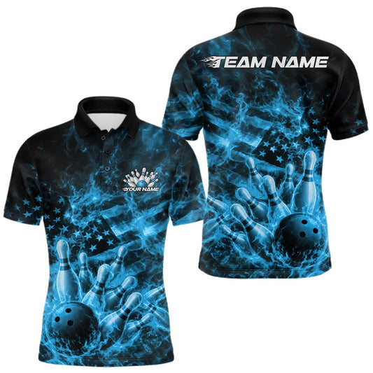 Maxcorners Custom Blue Fire Patriotic Bowling Men Polo Shirt, American Flag Flame Bowling Jersey LM2603