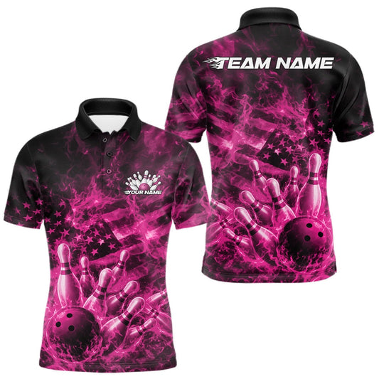 Maxcorners Custom Pink Fire Patriotic Bowling Men Polo Shirt, American Flag Flame Bowling Jersey LM2603