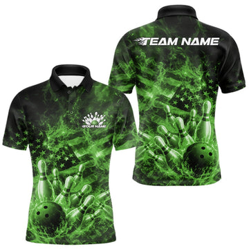 Maxcorners Custom Green Fire Patriotic Bowling Men Polo Shirt, American Flag Flame Bowling Jersey LM2603